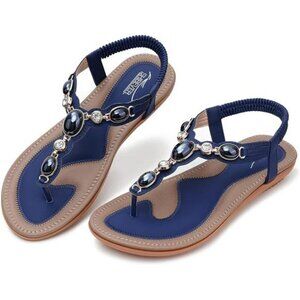 Womens Rhinestone Flat Sandals Boho Thong Slip On Summer Dressy Shoes Size